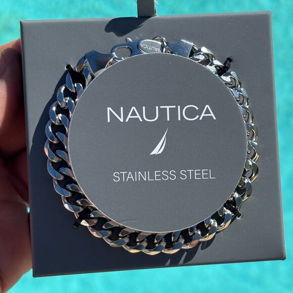 Nautica mens stainless steel Cuban link chain bracelet 8.5 in lobster clasp NIB - Picture 11 of 16